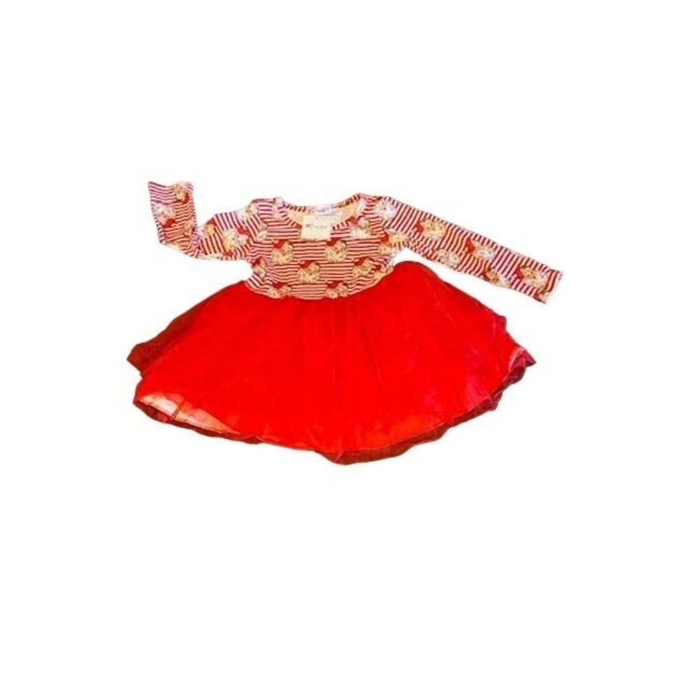 Clover‎ Cottage Christmas Dress for Girls Red Tulle Skirt Stripe Long Sleeve